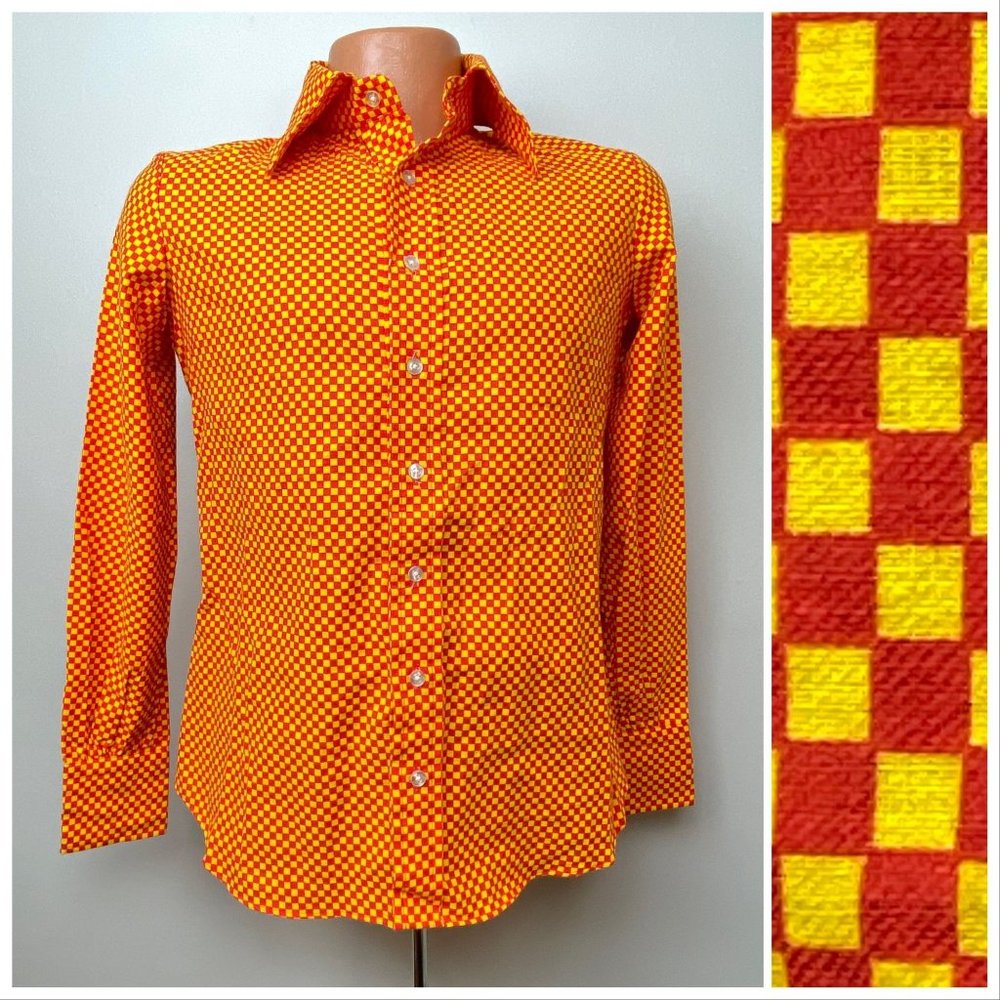 1970s Red & Yellow Checkerboard Shirt, Geoffrey Beene Bazaar, Medium, Deadstock